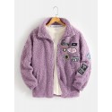 Mens Pattern Applique Sherpa Warm Jacket With Pocket