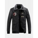 Mens Embroidered Faux Fur Collar PU Leather Bomber Jacket