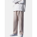 Mens Pure Color Double Pocket Casual Drawstring Straight Pants