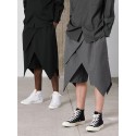 Mens Vintage Cropped Solid Color Irregular Hem Elastic Waist Fashion Calf Length Pants