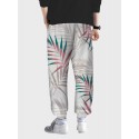 Mens Tropical Leaf Print Drawstring Waist Loose Sweatpants
