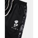 Mens Side Rose Print Ribbon Loose Drawstring Pants