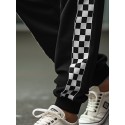 Mens Side Checkered Patchwork Loose Drawstring Waist Sweatpants
