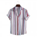 Mens Stripe Print Short Sleeve Lapel Regular Hem Preppy Shirt