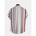 Mens Stripe Print Short Sleeve Lapel Regular Hem Preppy Shirt