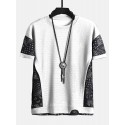 Mens Ethnic Paisley Print Stitching Texture Short Sleeve T-Shirts