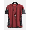 Mens Ethnic Paisley Print Stitching Texture Short Sleeve T-Shirts