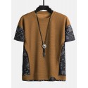 Mens Ethnic Paisley Print Stitching Texture Short Sleeve T-Shirts