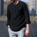 Mens Linen Chest Pocket Causal Loose Long Sleeve Henley Shirt