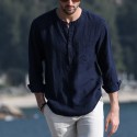 Mens Linen Chest Pocket Causal Loose Long Sleeve Henley Shirt