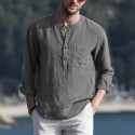 Mens Linen Chest Pocket Causal Loose Long Sleeve Henley Shirt