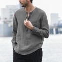 Mens Linen Chest Pocket Causal Loose Long Sleeve Henley Shirt