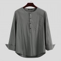 Mens Linen Chest Pocket Causal Loose Long Sleeve Henley Shirt