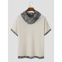 Mens Monochrome Geometric Print Splice Texture Short Sleeve Hooded T-Shirts