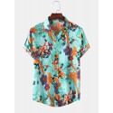 Mens Cotton Floral Oil Printing Turn Down Collar Short Sleeve Shirts