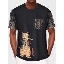 Mens Japanese Cat Geometric Print Crew Neck Short Sleeve T-Shirts