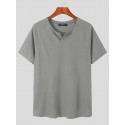 Mens Plain Two-button Short Sleeve Summer Casual T-Shirt