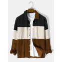 Mens Splicing Corduroy Color Block Button Casual Shirt