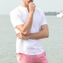 Men's Short Sleeve Collarless Neck T Shirts Beach Casual Cool Tops Blouse
