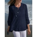 Solid Lace Splicing Knotted Hollow Out 3/4 Sleeve Blouse