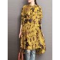 Women Floral Printed Knee Length High Low Stand Collar Button Cuffs Shirts