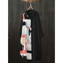 Women Graffiti Print Lapel Side Split Long Sleeve High Low Hem Casual Blouses