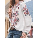 Ethnic Style Print Round Neck Long Sleeve Bohemia Button Blouse For Women