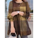 Women Plaid Puff Sleeve Loose Splicing O-neck Pleated Plain Casual Blouses