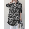 Women Spliced Leopard Printed Side Fork Turn-Down-Collar Button Knee Length Casual Shirts