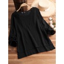 Vintage Loose Women Pure Color O-Neck Short Front Long Back Batwing Long Sleeve T-shirt