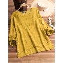 Vintage Loose Women Pure Color O-Neck Short Front Long Back Batwing Long Sleeve T-shirt