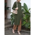 Solid Button Slit Hem Long Sleeve Casual Blouse