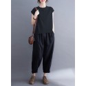 Cotton Solid Button Pocket High-Low Hem Short Sleeve Blouse