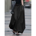 Women Cotton High Elastic Waist Side Pocket Zipper Solid Casual Skirts