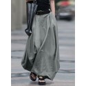 Women Cotton High Elastic Waist Side Pocket Zipper Solid Casual Skirts