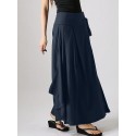 Solid Pocket Knotted Pleated Cotton Casual Skirt