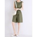 Cotton Solid Sash Pocket Sleeveless Round Neck Zip Casual Romper