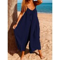Women Sleeveless Straps Loose Solid Wide Leg Pants