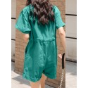 Solid Drawstring Waist Pocket Lapel Short Sleeve Cargo Romper