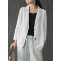 Women 100% Cotton Solid Color Button Front Business Thin All-Match Blazer With Pocket