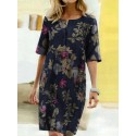Women Vintage Cotton Floral Plant Print O-neck Half Sleeve Split Casual Dress