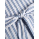 Women 100% Cotton Classical Striped Print Lapel Button Front Lace-Up Casual Shirt Dress