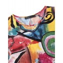 Women Retro Graffiti Print Round Neck Pleated Casual Maxi Dresses