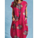 Cotton Plant Print Pocket Short Sleeve Casual Dress