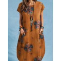 Cotton Plant Print Pocket Short Sleeve Casual Dress