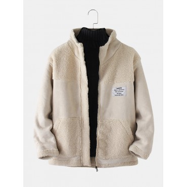 Mens Label Patchwork Faux Suede Sherpa Warm Long Sleeve Jacket