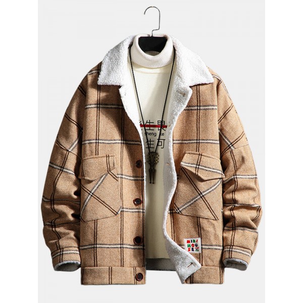 Mens Plaid Button Front Lapel Sherpa Lined Warm Double Pocket Jacket