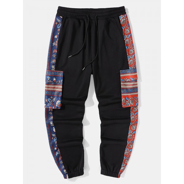 Mens Ethnic Floral Print Patchwork Flap Pocket Drawstring Sweatpants