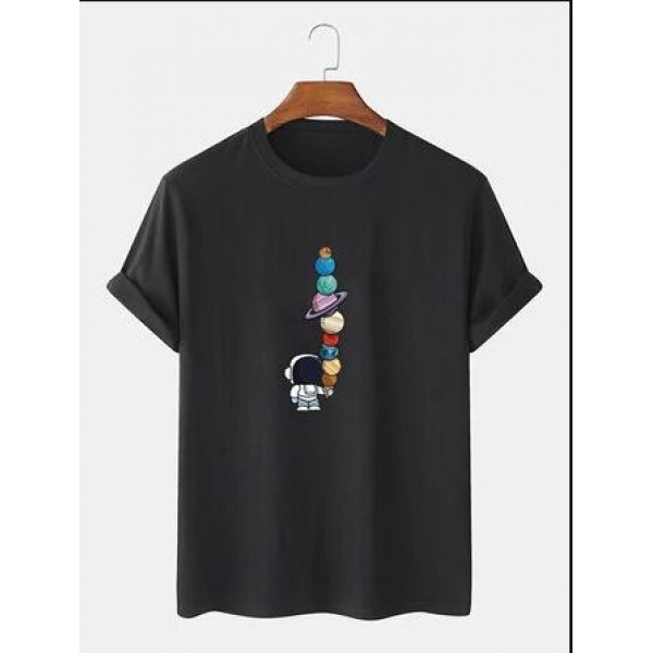 100% Cotton Mens Cartoon Astronaut Planet Print Short Sleeve Funny T-Shirts
