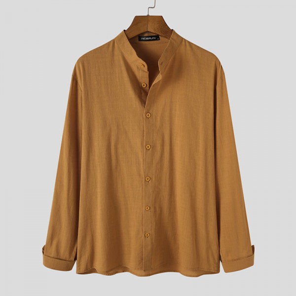 Men Cotton Solid Button down stand Collar Breathable Shirts